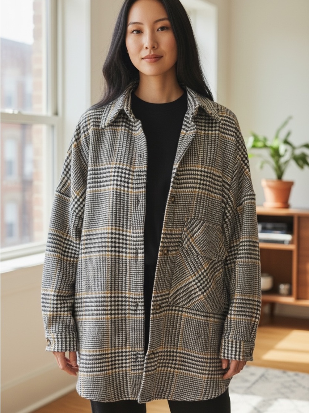 Plaid Houndstooth Oversized Shacket One Size